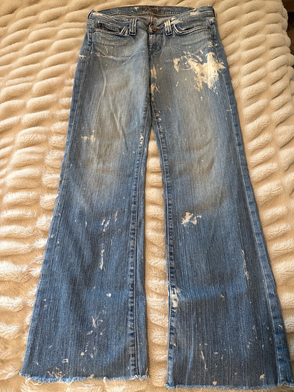 Paint-Splattered Blue Denim Flare Jeans